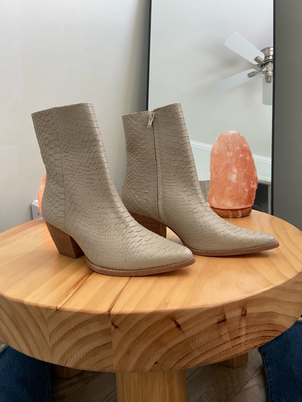Matisse Caty Western-inspired ankle boots featuring ivory snake-embossed leather